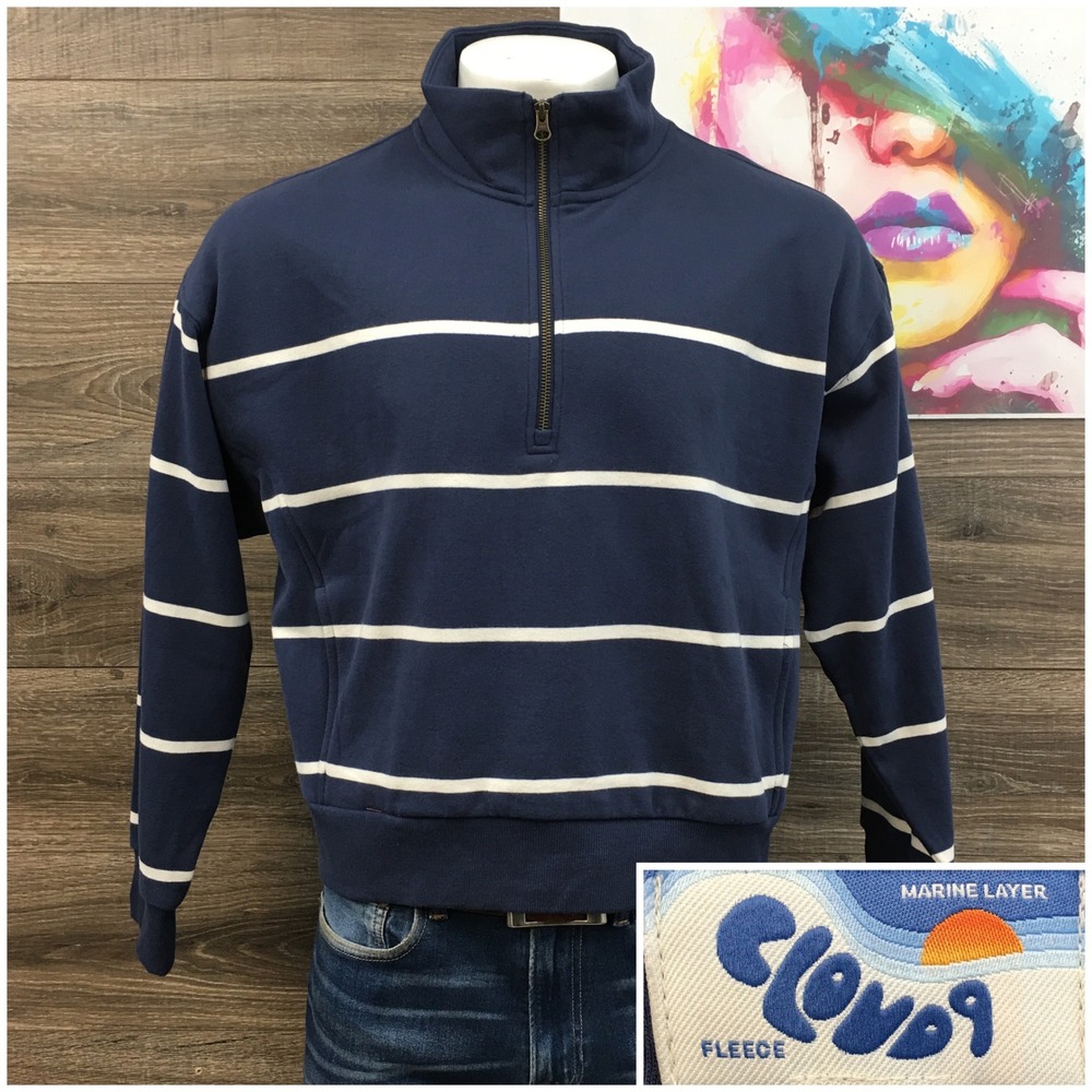 Marine Layer Cloud 9 Fleece Navy White Striped Quarter Zip Sweatshirt Womens XL